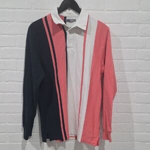 Navy, Pink, and White Striped Polo Shirt